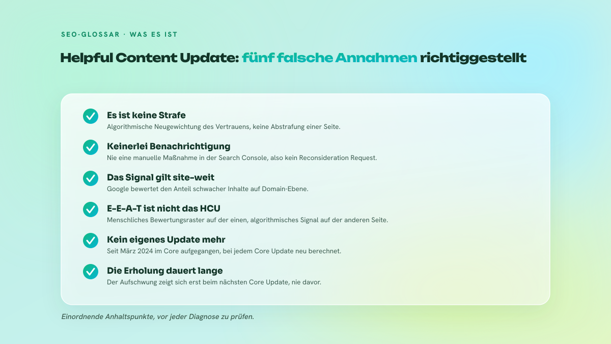 Checkliste mit fünf Irrtümern über das Helpful Content Update, jeweils durch eine erklärende Notiz richtiggestellt.