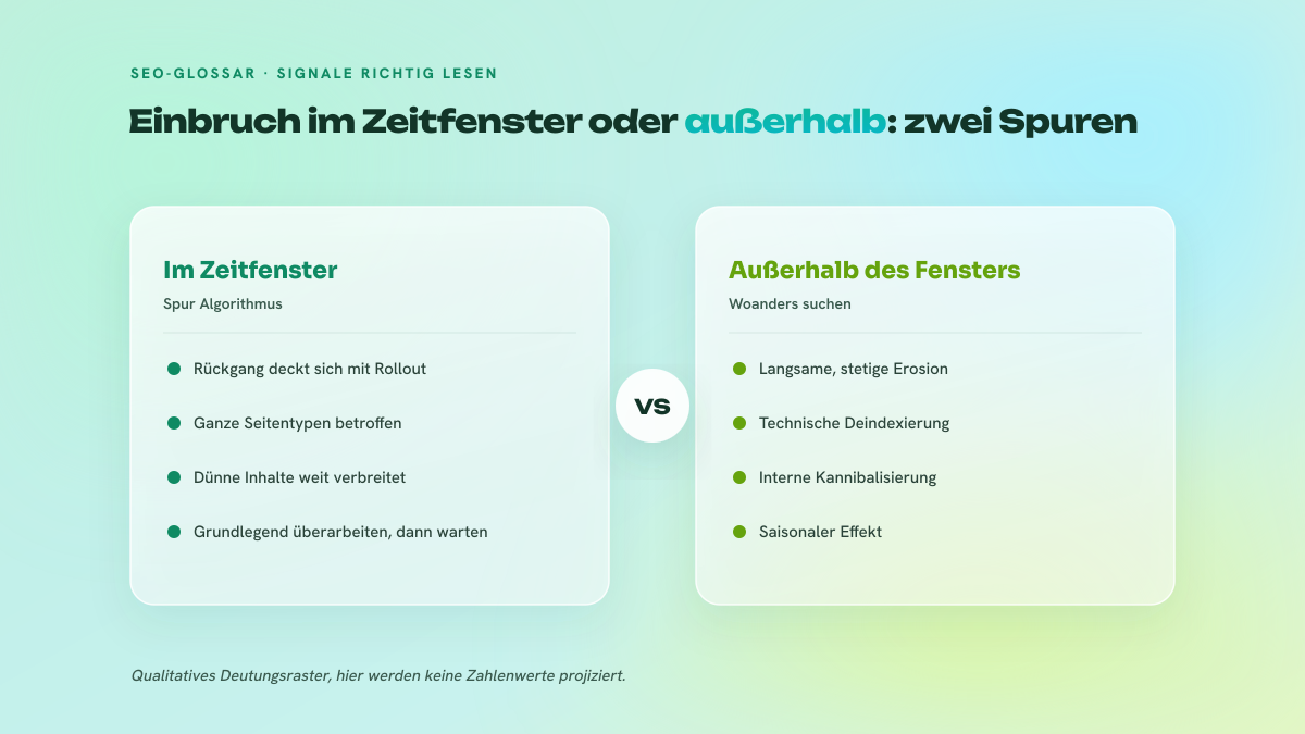 Zweispaltiger Vergleich zwischen einem Rückgang, der mit dem Rollout eines Core Updates zusammenfällt, und einem allmählichen Rückgang außerhalb des Zeitfensters, mit den jeweils zu prüfenden Ursachen.