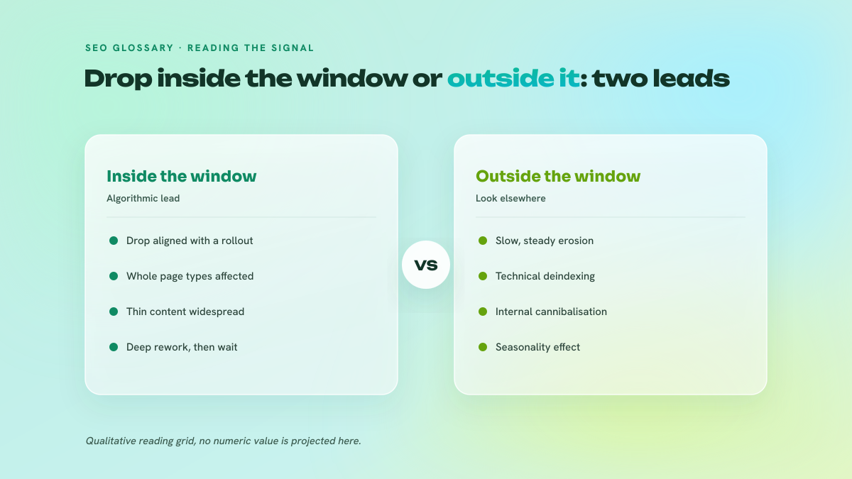 Two-column comparison between a drop aligned with a core update rollout and a gradual drop outside the window, with the causes to investigate on each side.