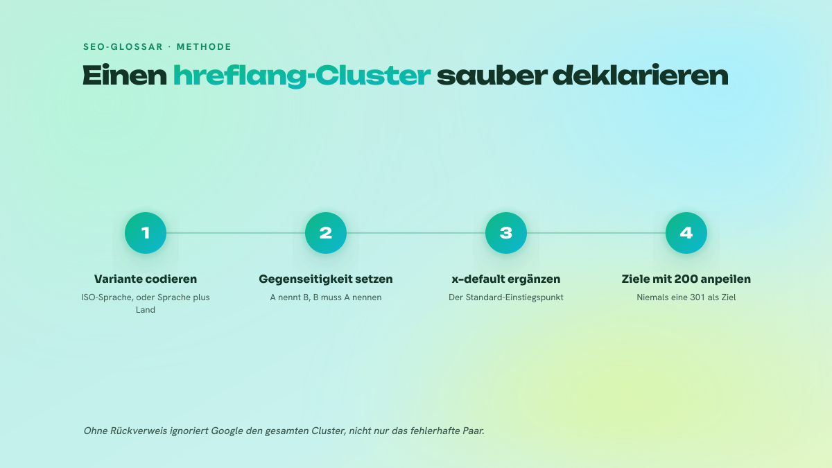Schema in vier nummerierten Schritten, das den Aufbau eines hreflang-Clusters zeigt: Codierung der Sprachvariante, Gegenseitigkeit zwischen den Seiten, Ergänzung von x-default und Verweis auf URLs, die mit 200 antworten.