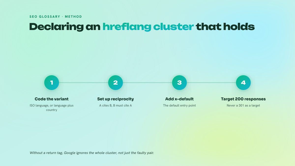 Four-step numbered diagram showing how to set up an hreflang cluster: coding the language variant, reciprocity between pages, adding x-default and pointing to URLs that answer with a 200.