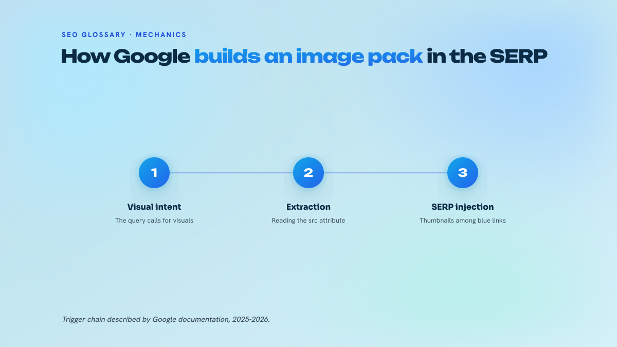 Three-step diagram showing the chain that leads to an image pack being displayed: assessment of the query's visual intent, image extraction via the src attribute, then injection of the thumbnail block into the classic web results.