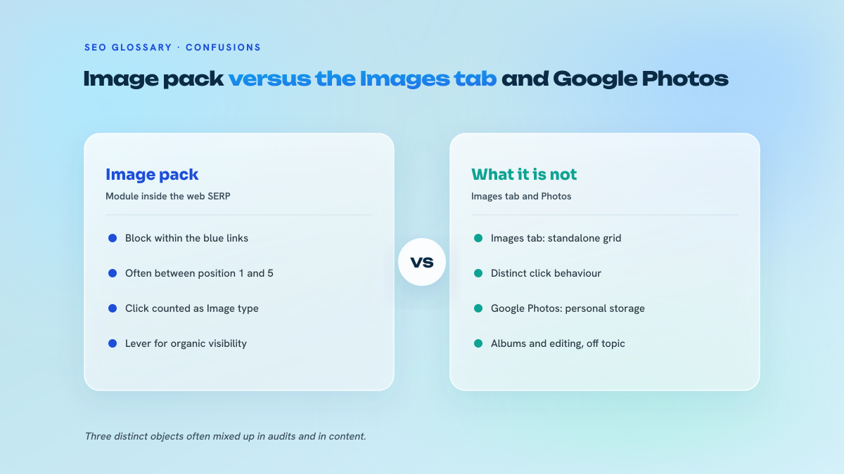 Two-column comparison contrasting the image pack, a module inserted into classic web results, with the two objects it gets confused with: the Google Images tab, a standalone search surface, and Google Photos, a personal storage service.
