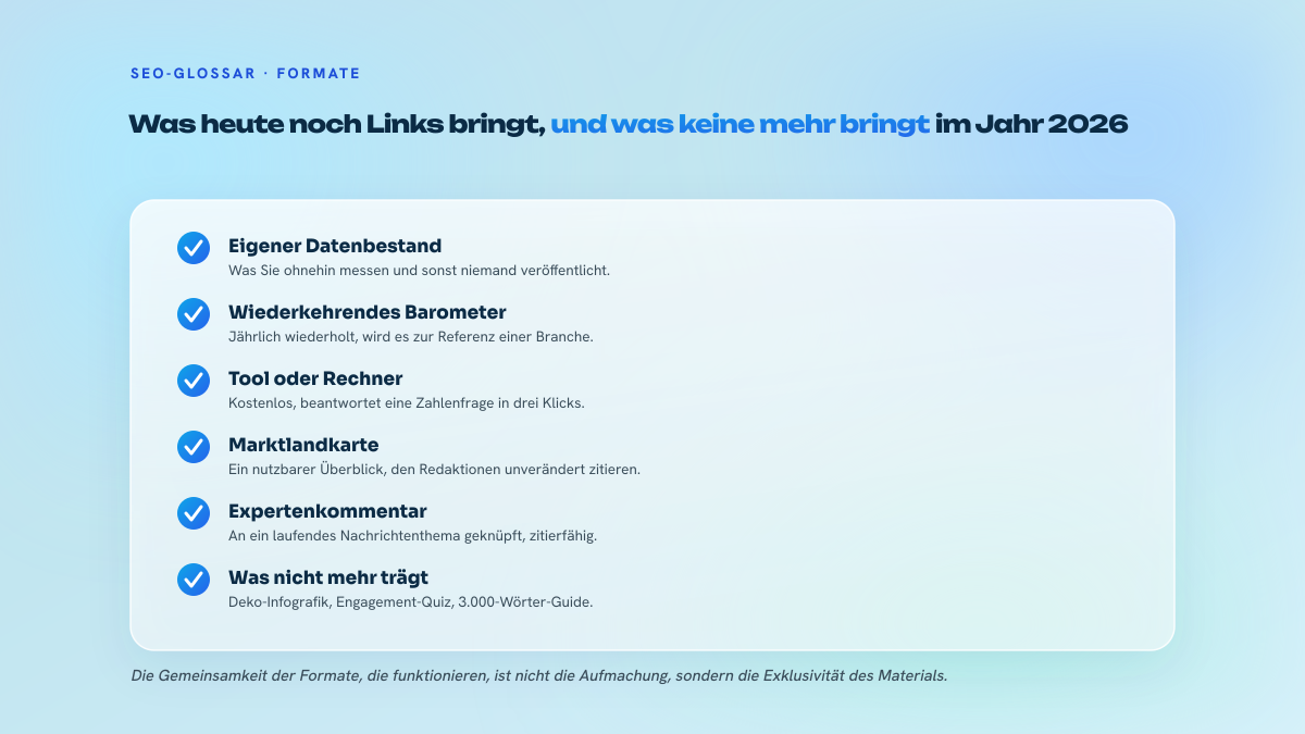 Checkliste der Link-Bait-Formate: eigener Datenbestand, wiederkehrendes Barometer, kostenloses Tool, Marktlandkarte, Expertenkommentar, und die Formate, die nicht mehr wirken.