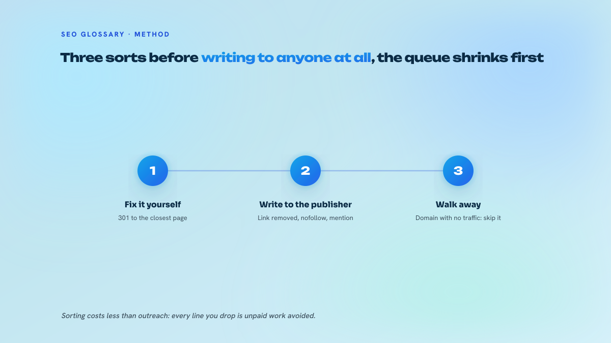 Three-step numbered diagram showing how to sort a link reclamation queue: fix it yourself with a redirect, write to the publisher when no fix is possible, then walk away from links that are not worth it.