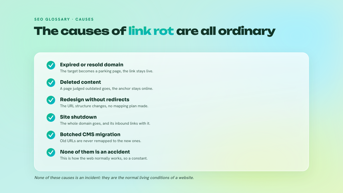List of the five common causes of link rot and their consequence on a link already placed.