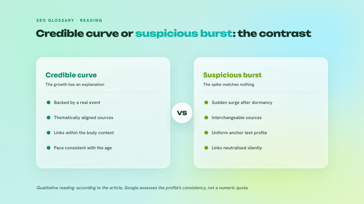 Two-column comparison between a credible link acquisition, backed by a real event and thematically aligned sources, and a suspicious burst, uniform and with no history to justify it.