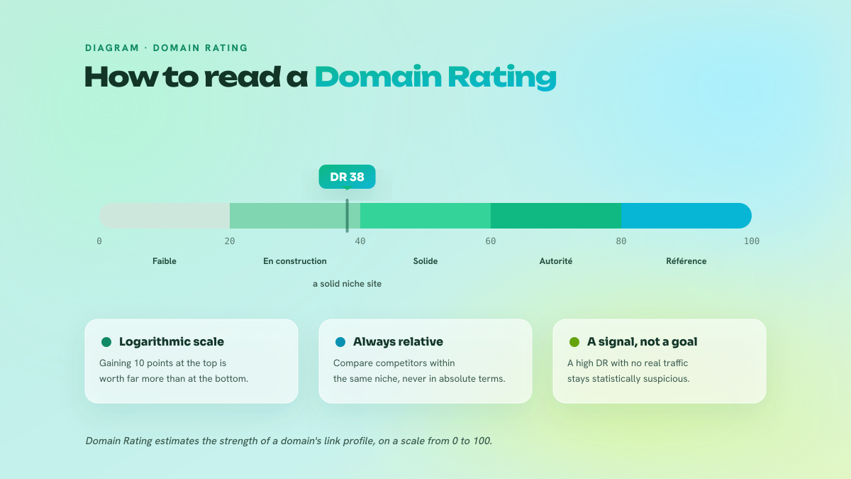 Domain Rating gauge from 0 to 100 with its zones (low, building up, solid, authority, benchmark) and a cursor on DR 38.