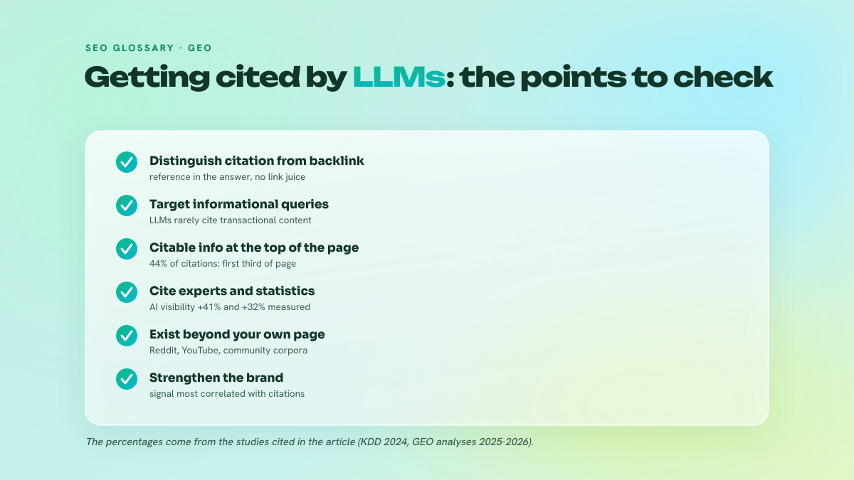Six-point checklist for earning LLM citations: distinguish citation from backlink, target informational queries, place citable information at the top of the page, add experts and statistics, be present in community corpora, strengthen the brand.