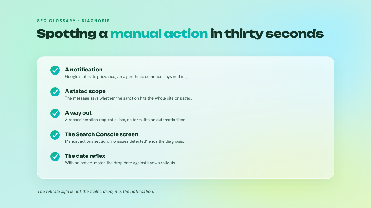 Checklist of the signs that distinguish a Google manual action from an algorithmic decline: notification in Search Console, stated scope, reconsideration request available.