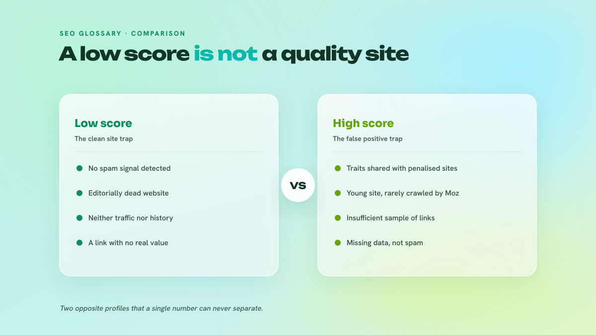 Two-column comparison between a site with a low Spam Score but editorially dead, and a site with an average score yet clearly alive, showing that the metric measures neither authority nor value.