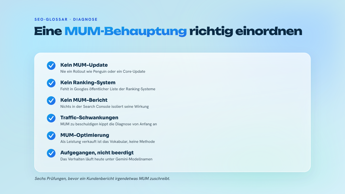 Checkliste mit sechs Aussagen dazu, was in einer SEO-Diagnose MUM zugeschrieben werden kann und was nicht.