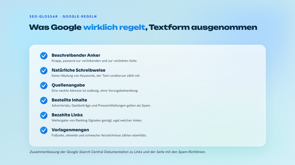 Liste mit sechs Punkten, die Googles Anforderungen an den Ankertext und die als Link-Spam eingestuften Praktiken zusammenfasst, unabhängig von der Form des Ankers.