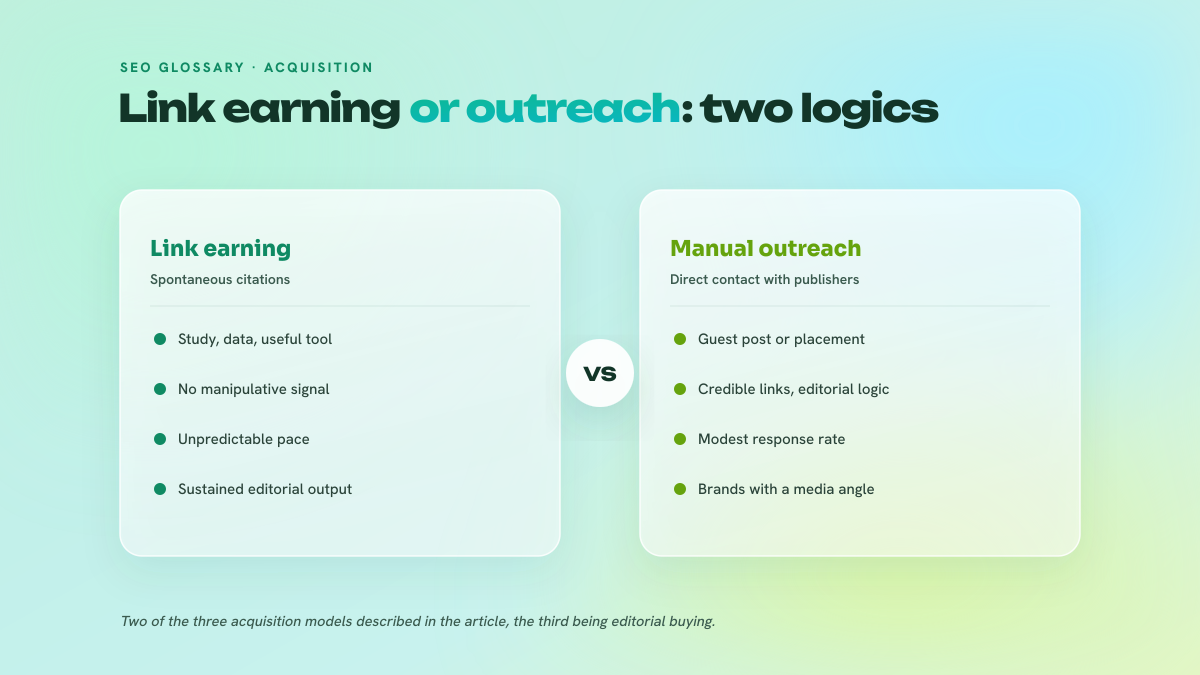 Two-column comparison between organic link earning and manual outreach: link origin, effort required, acquisition pace and the brand profile each one suits.
