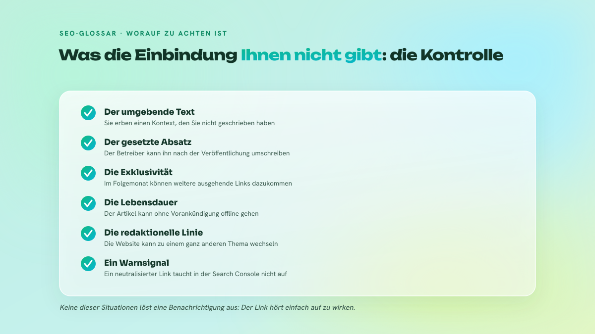 Liste mit sechs Punkten, worauf zu achten ist und was eine Linkeinbindung nicht garantiert: den umgebenden Text, die Stabilität des Absatzes, die Exklusivität der ausgehenden Links, die Lebensdauer des Artikels, die redaktionelle Ausrichtung der Website und das Fehlen jeglichen Signals bei einer Neutralisierung.