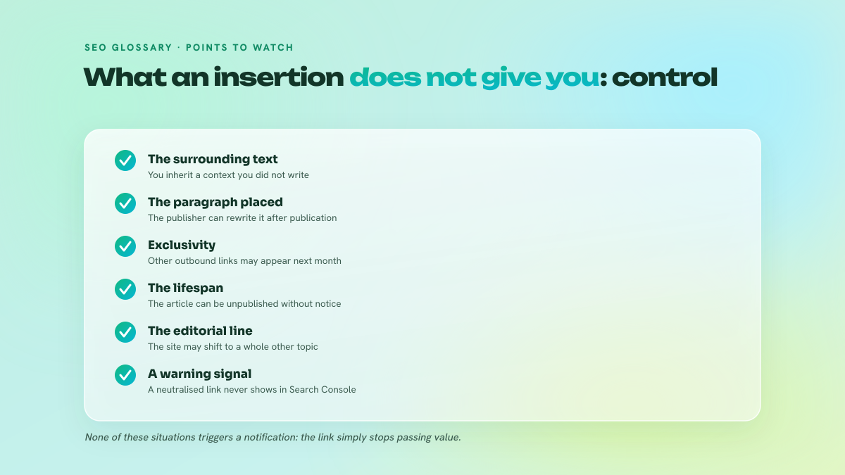 List of six points to watch about what a link insertion does not guarantee: the surrounding text, the stability of the paragraph, exclusivity of outbound links, the lifespan of the article, the site's editorial line and the absence of any signal when the link is neutralised.