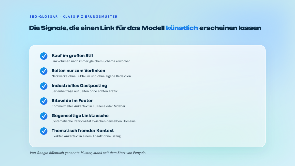 Liste von fünf Mustern, die dazu führen, dass ein Link als künstlich eingestuft wird: Kauf im großen Stil, Website-Netzwerke, die nur zum Verlinken angelegt wurden, industrialisiertes Gastposting, Sitewide-Links im Footer mit kommerziellem Ankertext, gegenseitige Linktausche.