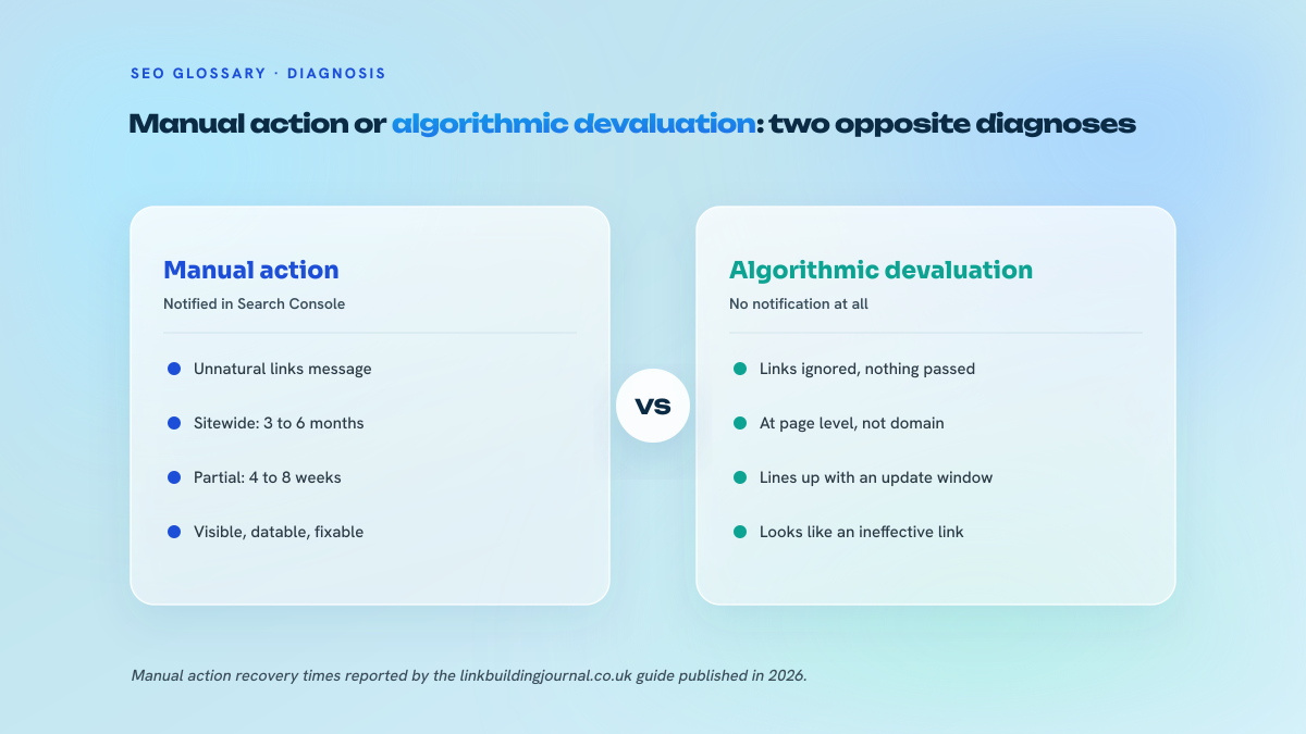Two-column comparison between the manual action, notified in Search Console with recovery times of 3 to 6 months for sitewide and 4 to 8 weeks for partial, and algorithmic devaluation, with no notification and diagnosed through time correlation.