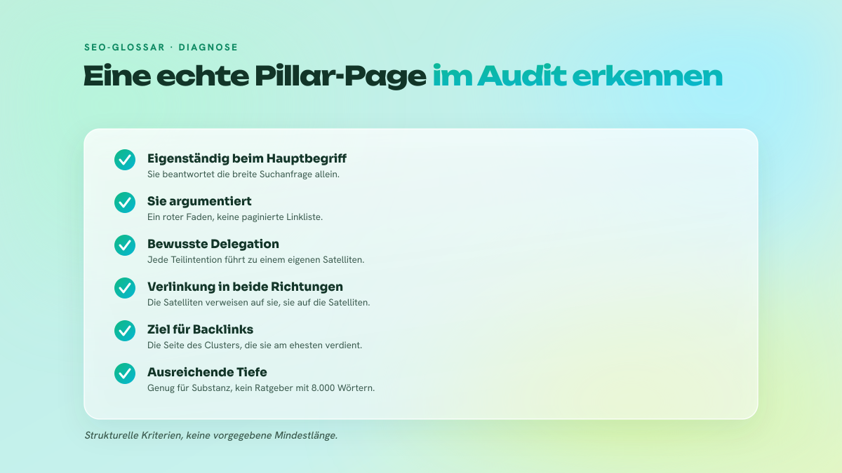 Checkliste mit fünf Kriterien, um eine echte Pillar-Page von einer Kategorieseite oder einem monolithischen Ratgeber zu unterscheiden.