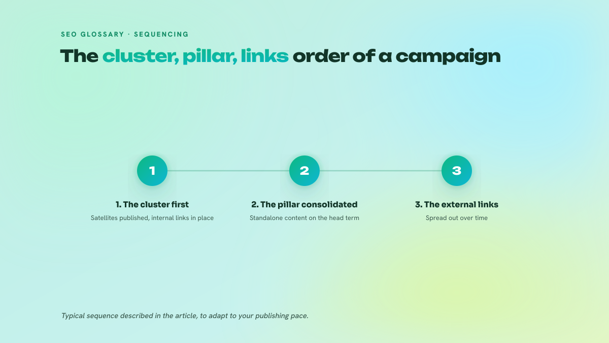 Three-step numbered diagram showing the order of a campaign: publishing the cluster, consolidating the pillar, then acquiring external links.