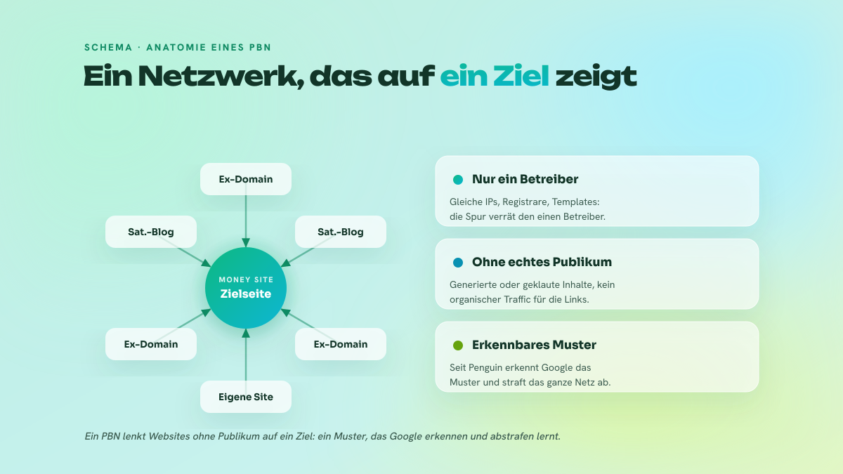 Schema eines Private Blog Network: abgelaufene Domains und Satellitenblogs im Besitz desselben Betreibers, ohne echtes Publikum, die alle ihre Links auf eine Zielseite richten, was ein für Google erkennbares und abstrafbares Muster ergibt.