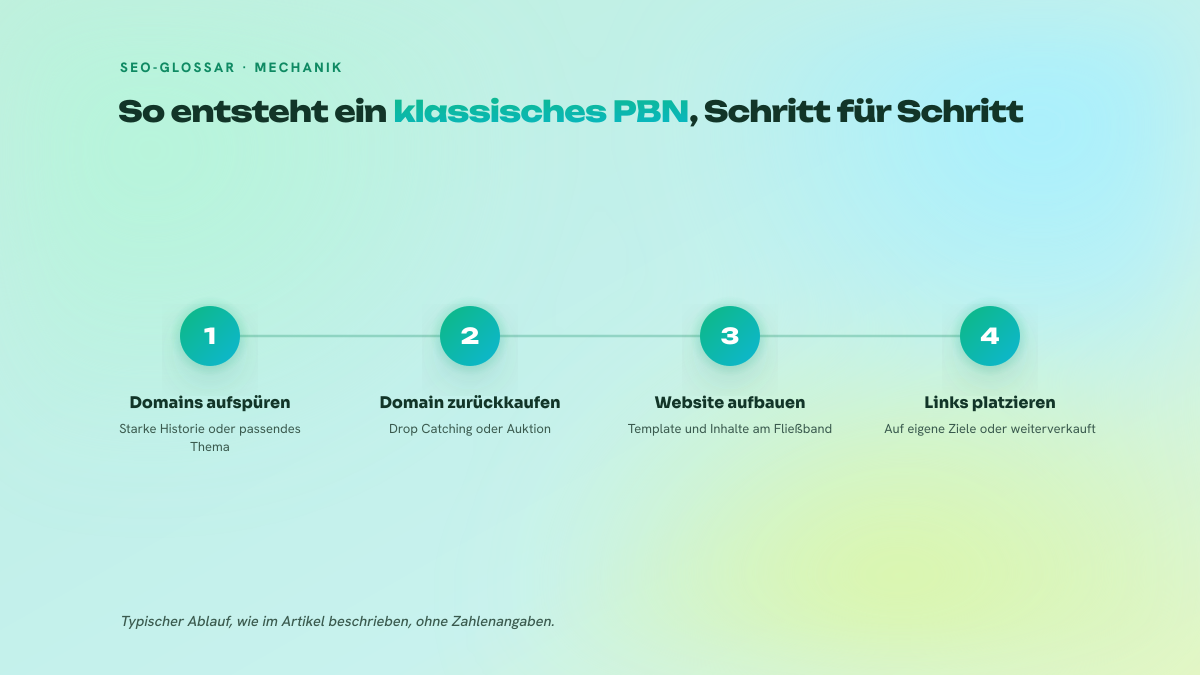 Vierstufiger Prozess zum Aufbau eines Private Blog Network: Aufspüren abgelaufener Domains, Rückkauf per Auktion, Aufbau der standardisierten Website und anschließende Platzierung von Links zu den Zielseiten.