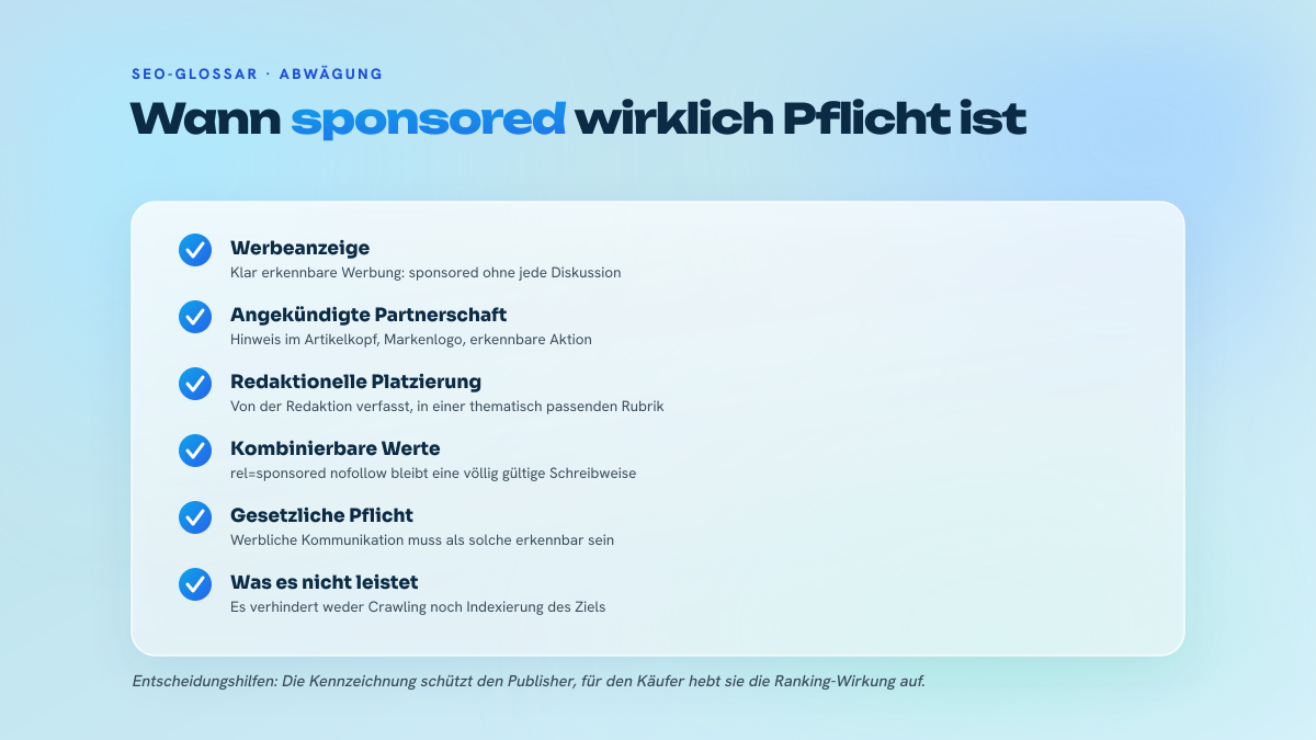 Liste von sechs Situationen, die bestimmen, ob ein ausgehender Link das Attribut rel=sponsored tragen muss.
