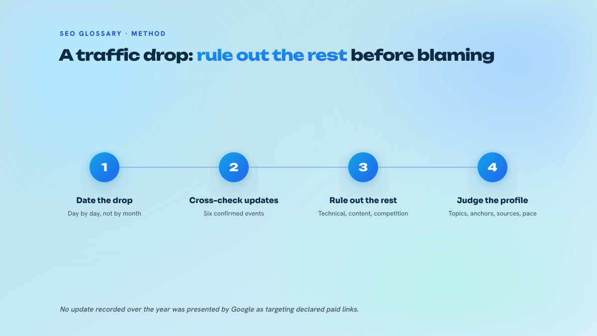 Four numbered steps to diagnose a traffic drop without blaming the sponsored attribute too quickly.