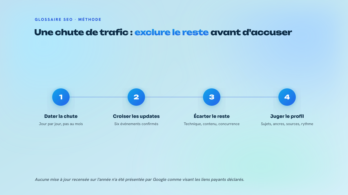 Quatre étapes numérotées pour diagnostiquer une baisse de trafic sans l'attribuer trop vite au marquage sponsored.