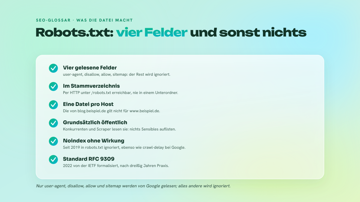 Checkliste der Grundregeln einer robots.txt-Datei: unterstützte Felder, Speicherort, Gültigkeit pro Host, öffentlicher Charakter und veraltete Direktiven.