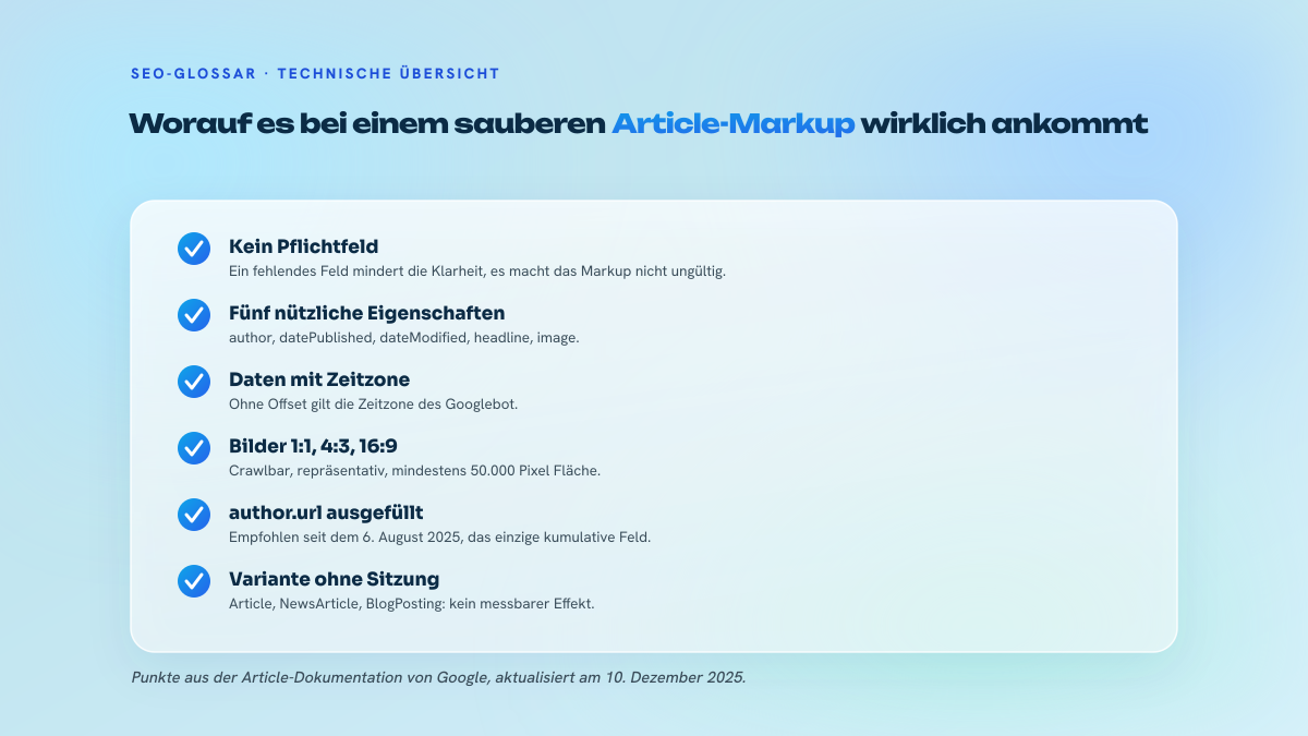 Liste mit sechs Prüfpunkten für ein Article-Markup: keine Pflichteigenschaft, fünf empfohlene Eigenschaften, Zeitzone in den Daten, Bildseitenverhältnisse, author.url, Wahl der Variante.