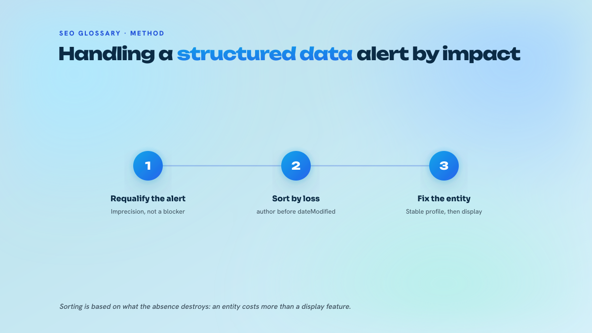 Three numbered steps for handling a Search Console alert about structured data: requalify the alert, sort by information loss, fix first what breaks an entity.