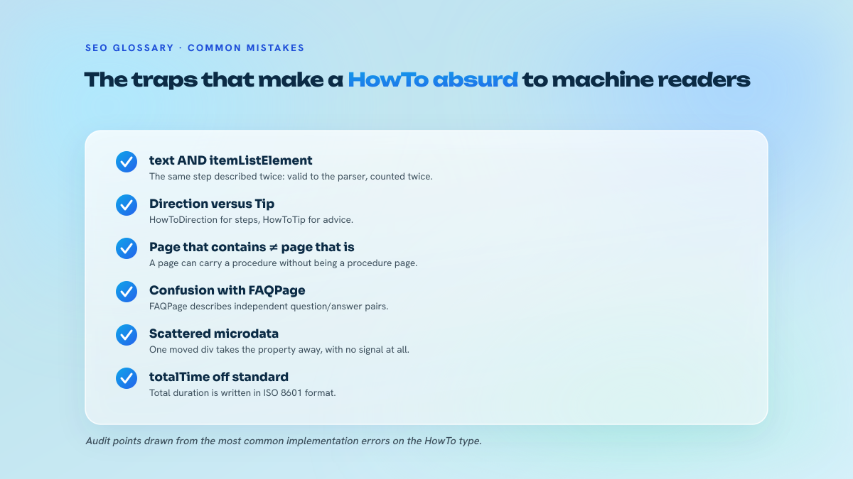 Checklist of six common errors in HowTo markup implementation: duplicating text and itemListElement, confusing direction and tip, a page containing a procedure, confusion with FAQPage, fragile microdata, totalTime format.