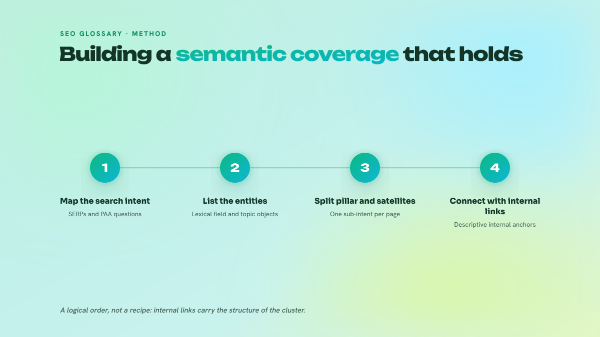 Four-step numbered diagram showing how a semantic coverage is built: mapping search intent through SERPs and PAA questions, listing the entities and the lexical field, splitting the topic between a pillar page and its satellites, then connecting everything with internal links using descriptive anchors.