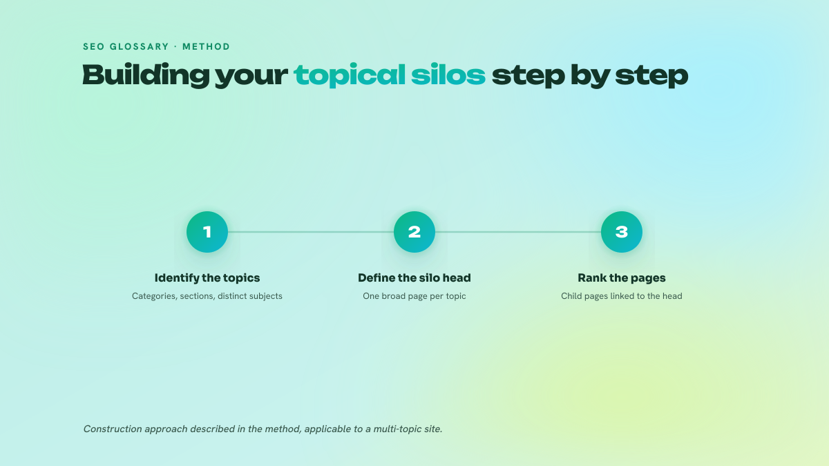 Three-step process: identify the topics, define the silo head page, rank the secondary pages and the internal linking.