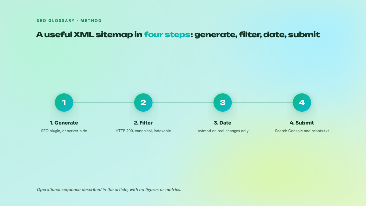 Four-step numbered figure showing the method for a useful XML sitemap: generate the file, filter the URLs, date them with lastmod, then submit in Search Console.