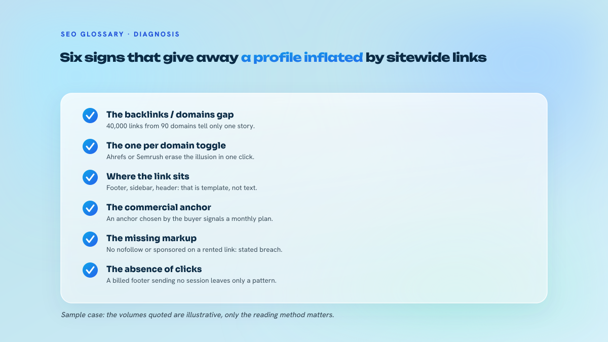 List of six checkpoints for spotting a link profile inflated by sitewide links, from the backlinks to referring domains ratio through to the absence of measured clicks.