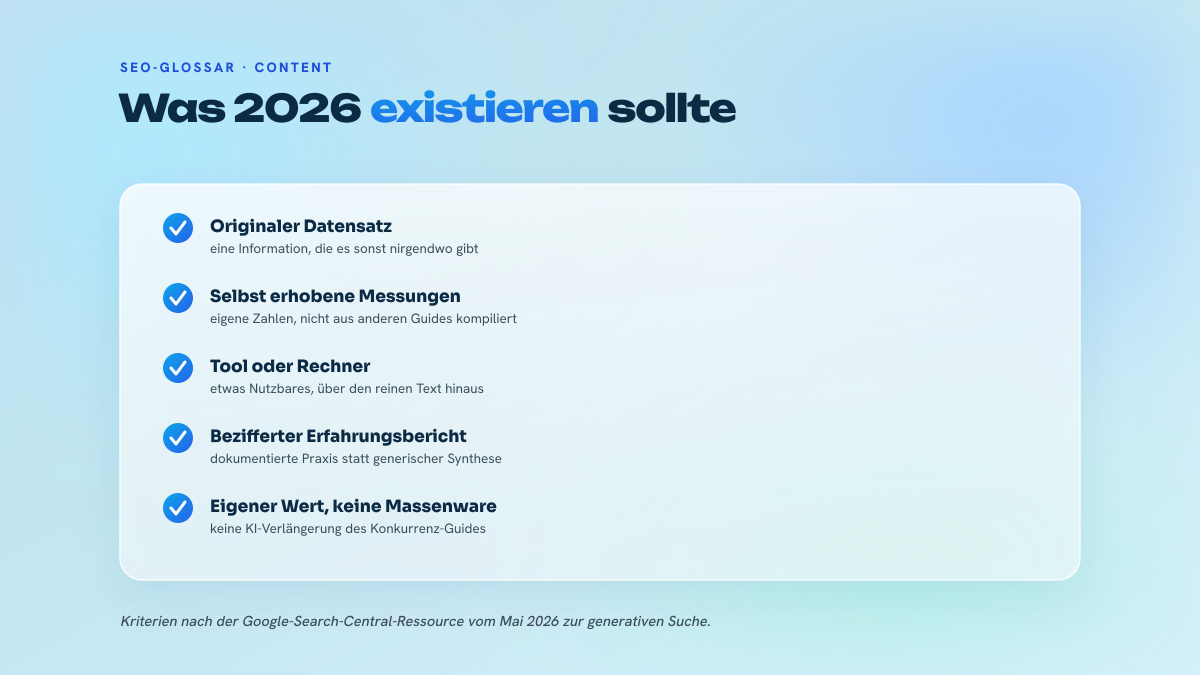 Checkliste der Merkmale eines tragfähigen Skyscraper-Assets 2026: Originaldaten, eigene Messungen, Tool oder Rechner, bezifferter Erfahrungsbericht, einzigartiger Wert statt Massenware.