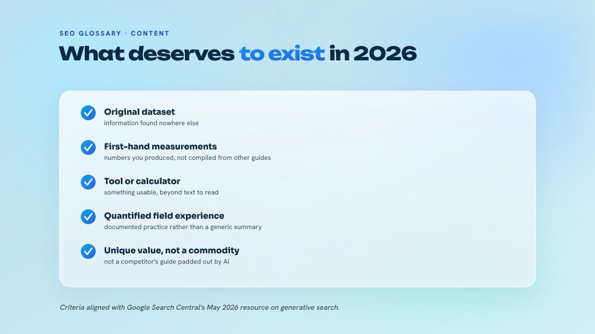Checklist of attributes for a viable skyscraper asset in 2026: original data, first-hand measurements, tool or calculator, quantified field experience, unique non-commodity value.
