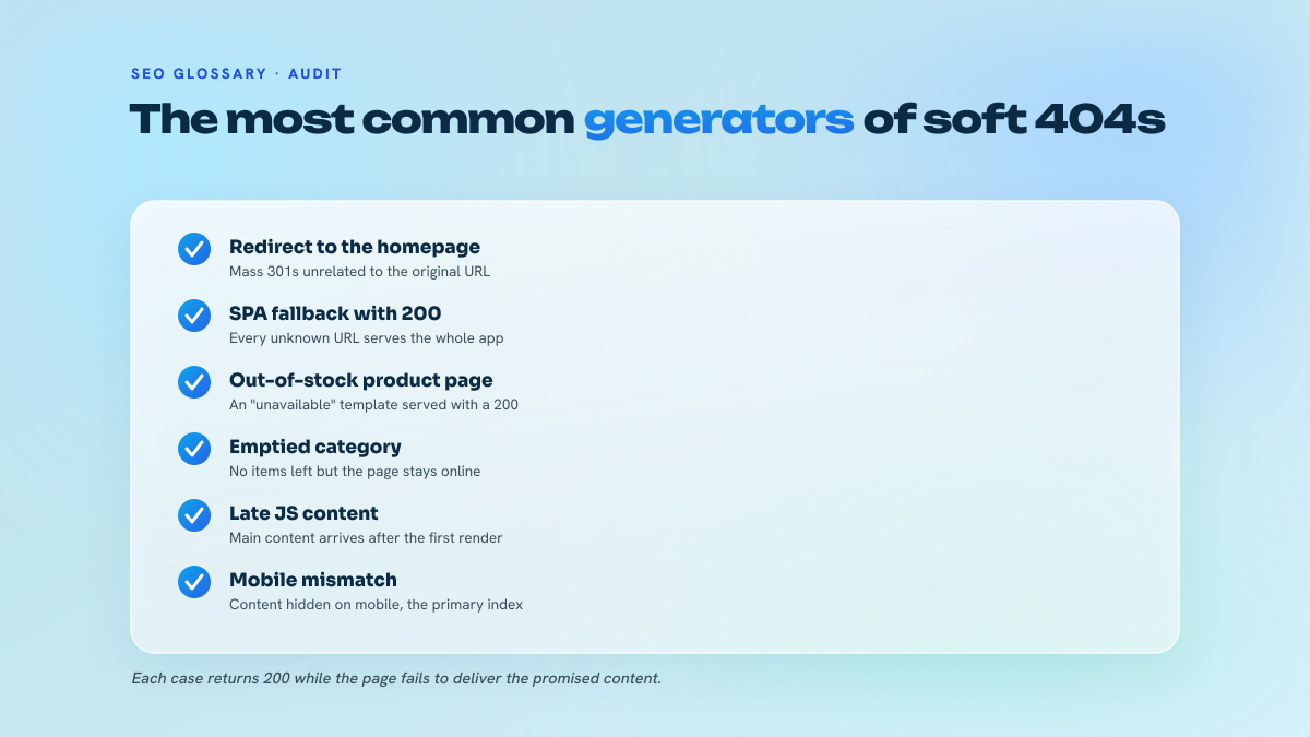 Checklist of situations that create soft 404s: mass redirects to the homepage, SPA fallback served with a 200, out-of-stock product page, emptied category, content loaded late via JavaScript, mismatch between mobile and desktop.