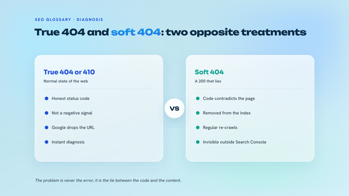 Two-column comparison: on the left the true 404 or 410, a normal state of the web with instant diagnosis; on the right the soft 404, a 200 code that lies, deindexed and visible only in Search Console.