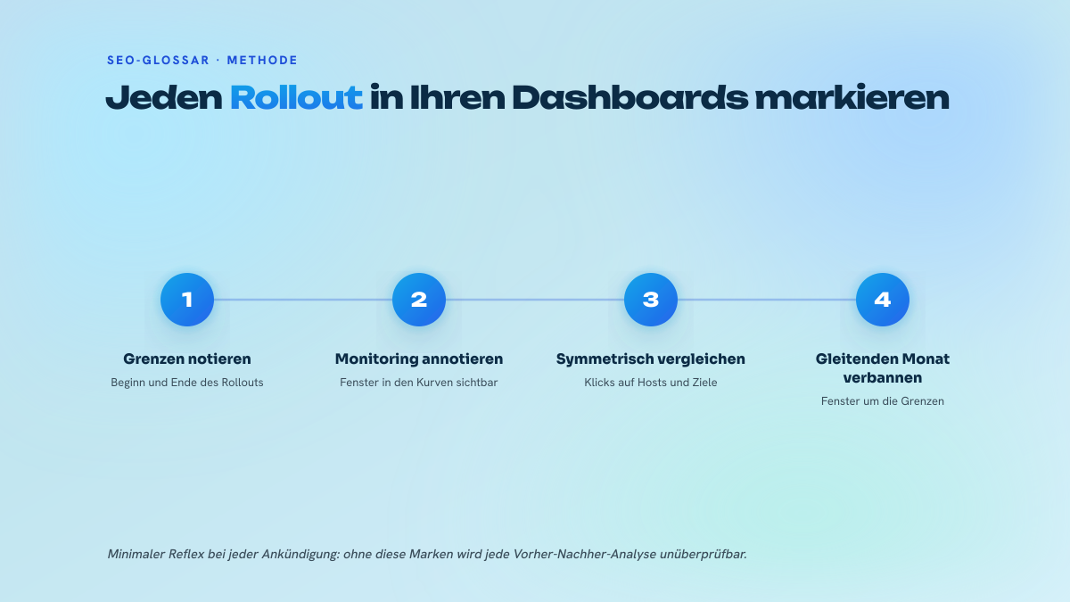 Dreistufiger Prozess zur Messung der Wirkung eines Spam-Updates: die Grenzen des Rollouts notieren, die Monitoring-Dashboards annotieren, die Kurven über symmetrische Zeitfenster vergleichen.