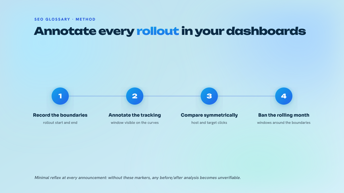 Three-step process to measure the effect of a spam update: record the rollout boundaries, annotate the tracking dashboards, compare the curves over symmetric windows.