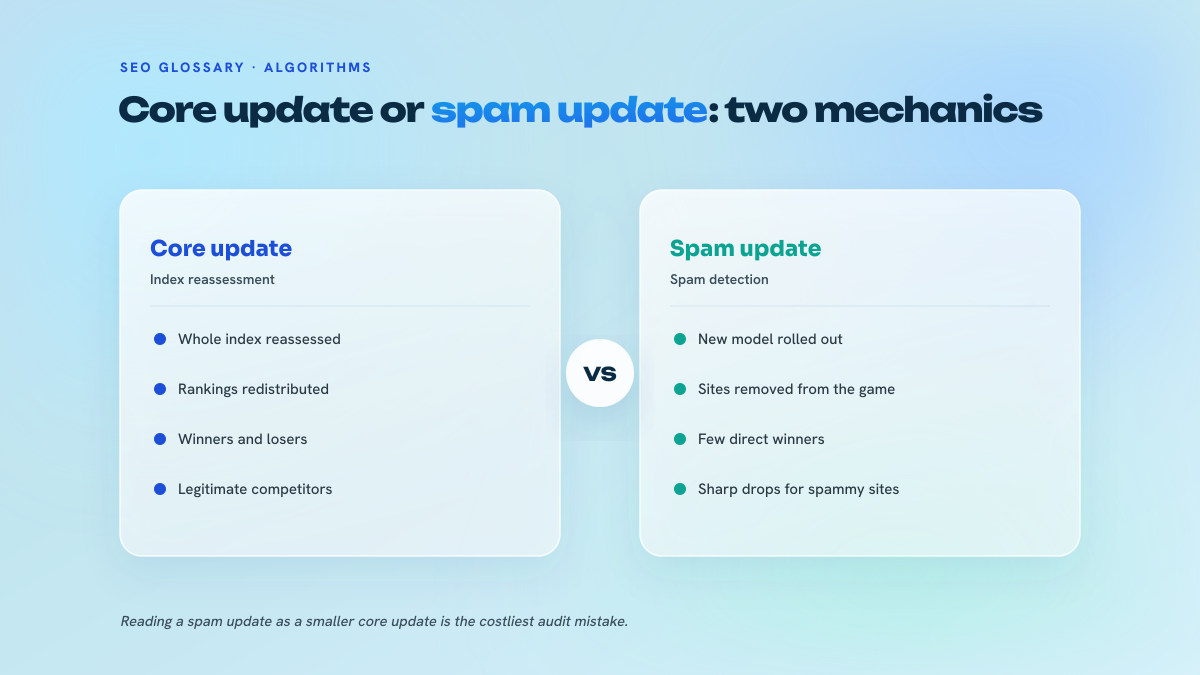 Two-column comparison: the core update reassesses the relevance of the whole index and redistributes rankings, the spam update rolls out a detection model that removes spammy sites from the game.