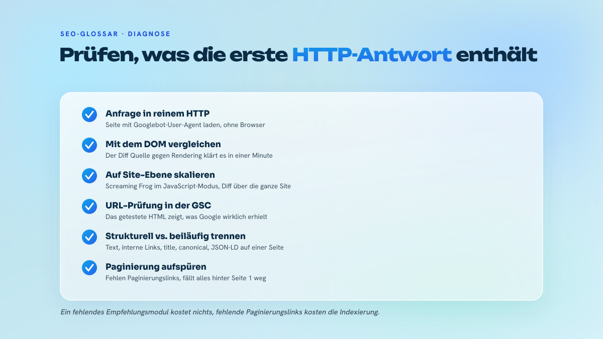 Liste von sechs Prüfungen, um zu messen, was das ursprüngliche HTML einer Seite wirklich enthält: reine Anfrage, Vergleich mit dem DOM, Crawl im Rendering-Modus, URL-Prüfung, Sortierung des Strukturellen, Kontrolle der Paginierung.