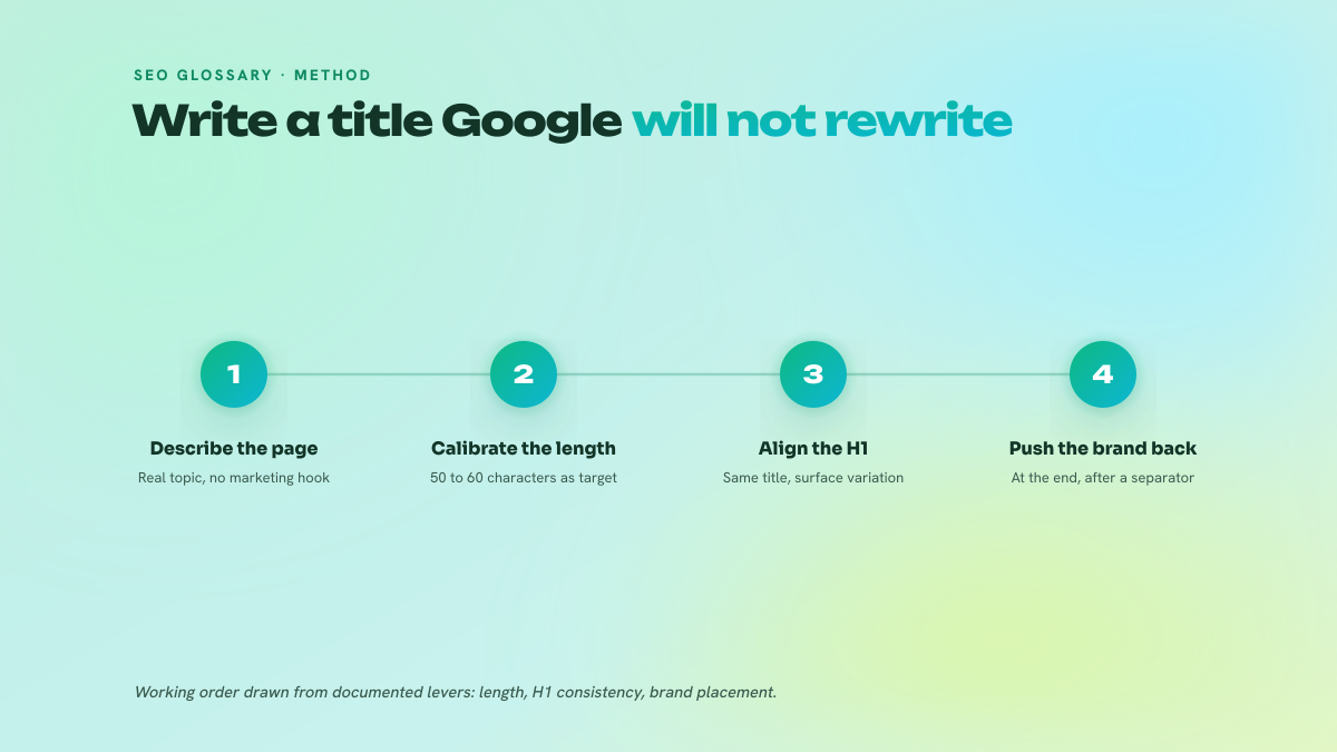 Four-step numbered figure presenting the method for writing a title tag that resists rewriting: describe the page, calibrate the length between 50 and 60 characters, align the H1 with the title, place the brand in final position.