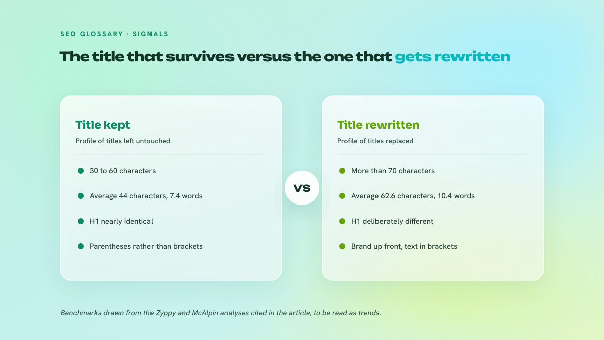 Two-column figure contrasting the profile of title tags kept by Google, 30 to 60 characters with a matching H1, against that of rewritten titles, longer, with the brand up front and square brackets.