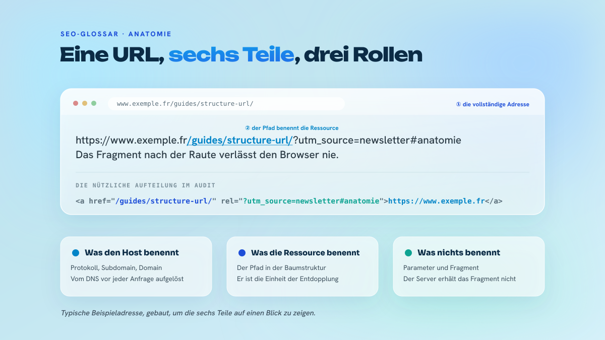 Zerlegung einer URL in einer Browserleiste: Protokoll und Hostname, Pfad, dann Parameter und Fragment, mit einer Legende aus drei Rollen.