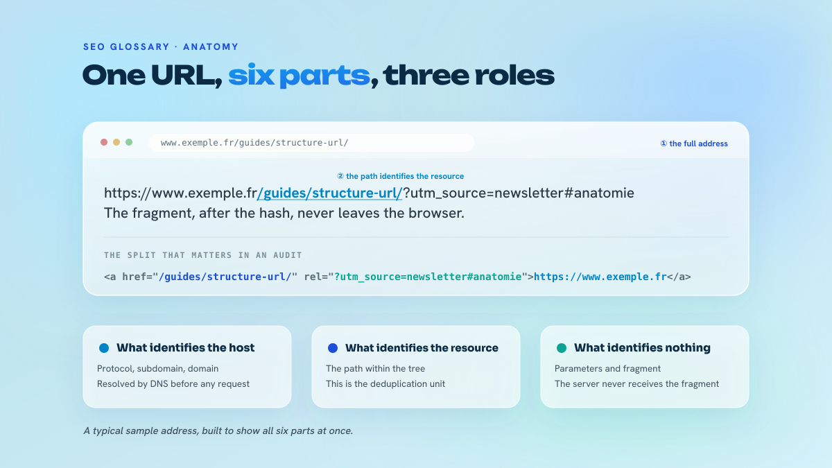 Breakdown of a URL shown in a browser bar: protocol and hostname, path, then parameters and fragment, with a three-role legend.