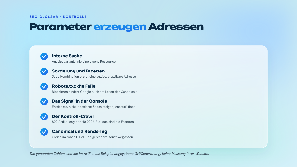 Liste mit sechs Kontrollpunkten zu URL-Parametern: interne Suche, Sortierung und Facetten, robots.txt, Search Console, Entdeckungs-Crawl, Canonical und Rendering.